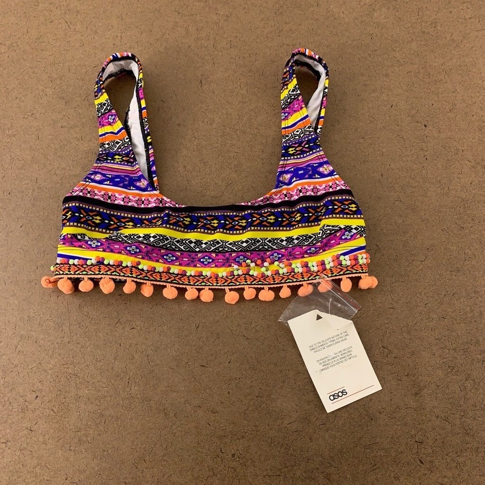 Asos Womens Bikini Swim Top Purple Yellow Geometric Stretch Scoop Neck 2 New